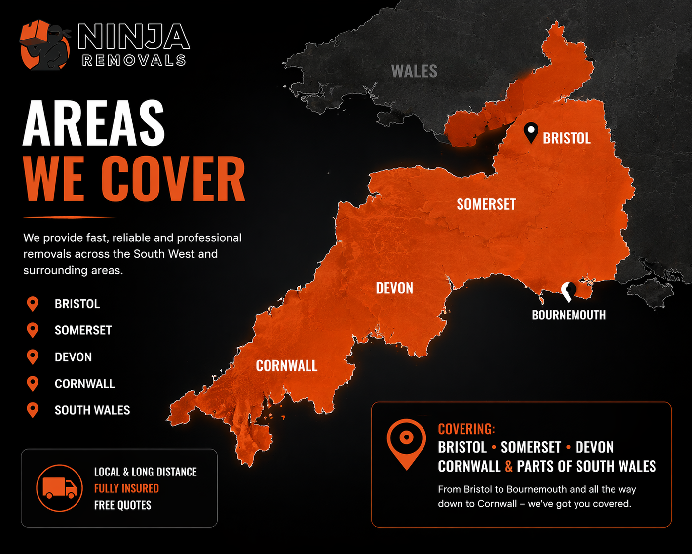 Map showing Ninja Removals service coverage across Bristol and the South West